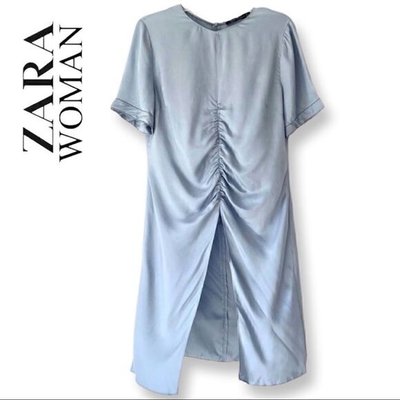 Zara ruched front slit midi long satin  tunic light blue XS - Picture 3 of 10
